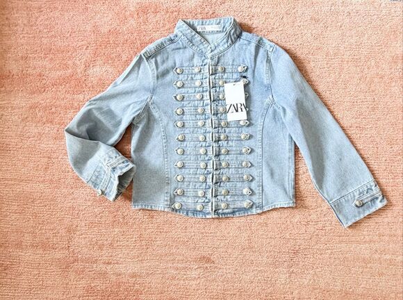Zara Jackets & Blazers - Zara Women’s Light Wash Denim Military Jacket Silver Button Front Size M NWT